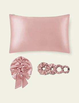 Ensemble Soin Cheveux 50x75cm, Soie Naturelle, Anti-Frisottis, Taie + Bonnet + Chouchous