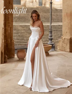 Elegant Satin Beading A-Line Wedding Dresses Strapless Open Back Pleat High Side Split Sleeveless Vestidos De Novia Customized - Aliexpress - FashionsVida