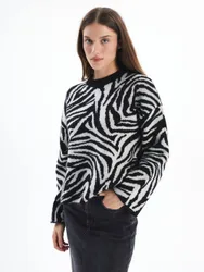 Crew Neck Zebra Print Cable Knit Jumper - Multicolor - Size: L