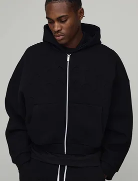 Herren Oversized Shrunken Boxy Embossed Gothic Herren Zip-Through Hoodie Sweatshirt Black Größe Medium - boohooMAN - FashionsVida