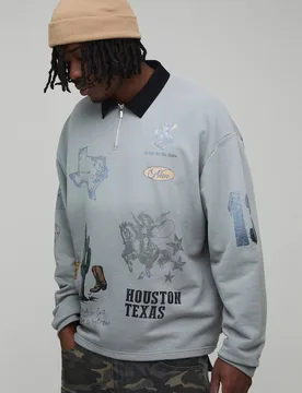 Herren Oversized Western Bedrucktes Abzeichen Rugby Sweatshirt Grey Größe 3XL - boohooMAN - FashionsVida