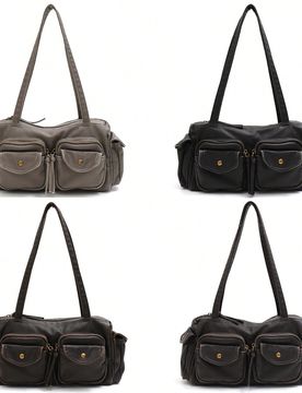 Bolso de mujer de moda casual de calle, de lavado de PU, con cierre de cremallera, múltiples bolsillos con solapa, gran capacidad, asas superiores y