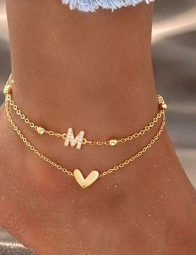Set de 2 piezas Nuevo diseño de corazón y letra de moda Mujer Pulsera de tobillo multicapa de acero inoxidable con cuentas