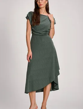 Women's Asymmmetric Draped Midi Dress in Khaki Size: 18 - Khaki - Size: 18 - Jolie Moi - FashionsVida