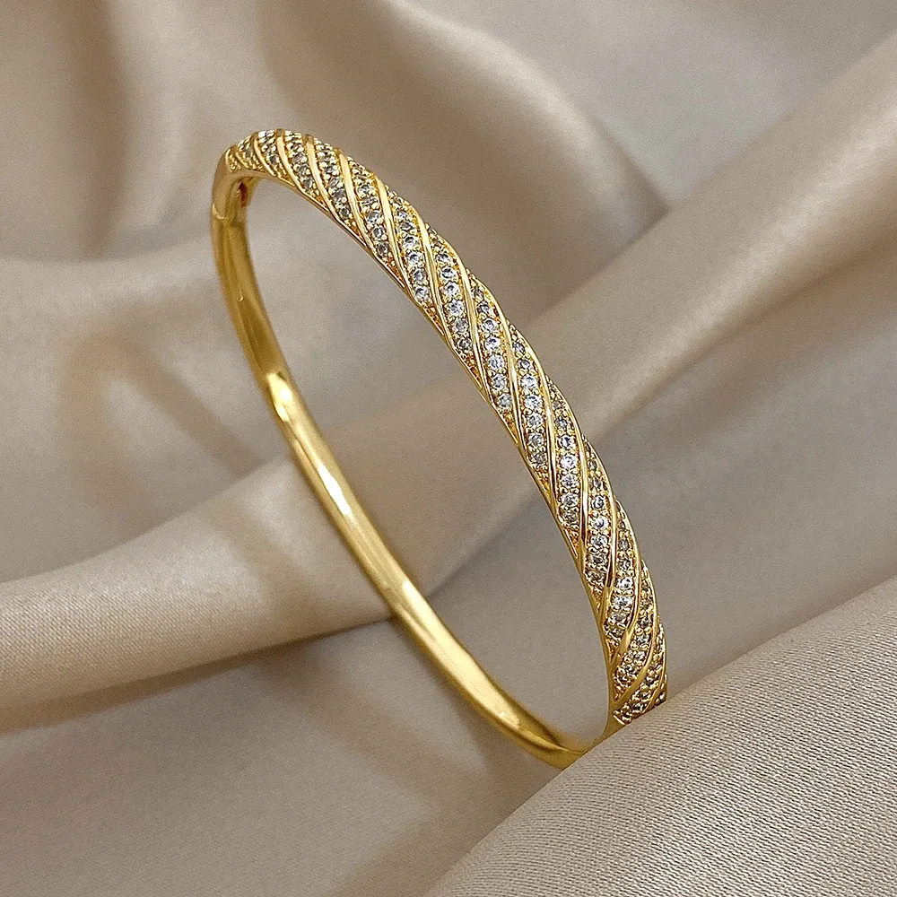 Freetey Classic Sparkling Zircon Golden Plated Round Bangle for Women Minimalist Stackable Basic Spring Bracelet Hand Jewelry - Aliexpress - FashionsVida