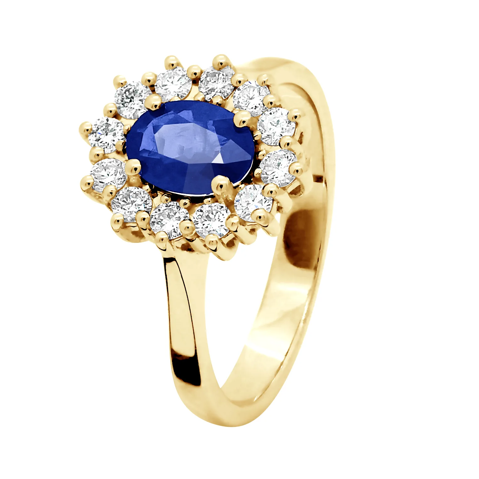 Womens - Ring - Sapphire Surrounded By Diamonds - Yellow Gold - White - Size R - Diadema - FashionsVida