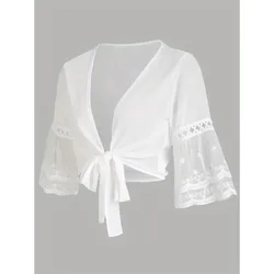 Women'S Elegant Short Sleeve Blouse with Bow Tie - Lightweight Summer Top, Breathable Mesh Design