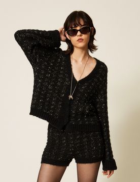 Cardigan en maille jacquard pied-de-poule