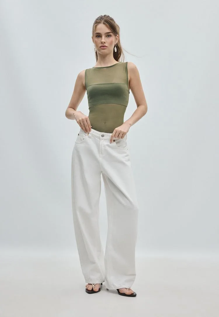 Ärmelloser Mesh-Body Khaki L - Stradivarius - FashionsVida