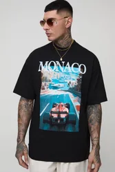 Men's Tall Oversized Extended Neck Monaco Racing Print T-Shirt Black Size Medium Black M