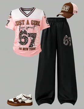 Conjunto de 2 piezas de verano para niñas, estilo callejero deportivo, blusa corta holgada blanca con estampado digital, cuello en V y manga corta + - Shein - FashionsVida