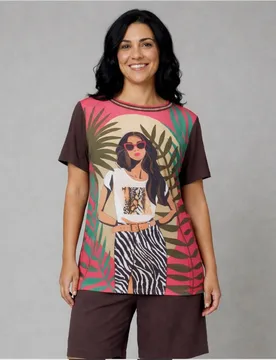 Camiseta de mujer de mujer estampada cuello redondo. manga corta. detalle en cuello y mangas - October - FashionsVida
