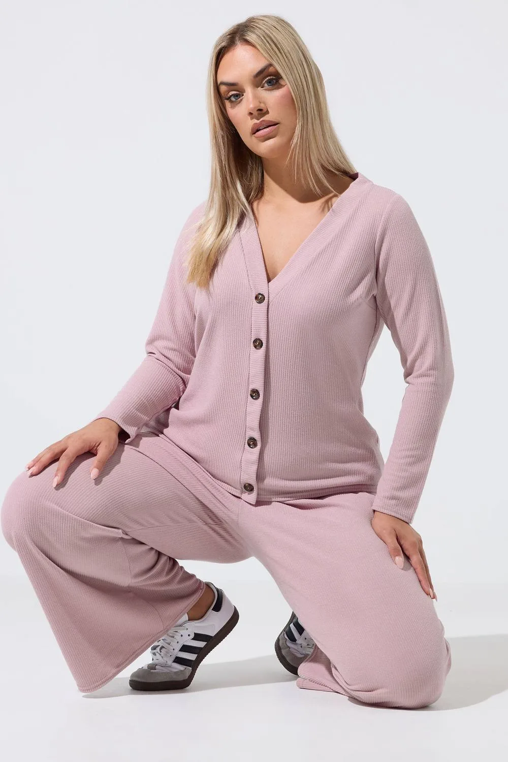 Ribbed Button Cardigan Sweater - Light Pink - Size: 10 - Yours - FashionsVida