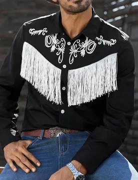 Camisa de manga larga con contraste de color retro para hombres con botones delanteros y decoración con flecos, camisa de rodeo para hombre con fleco - Shein - FashionsVida