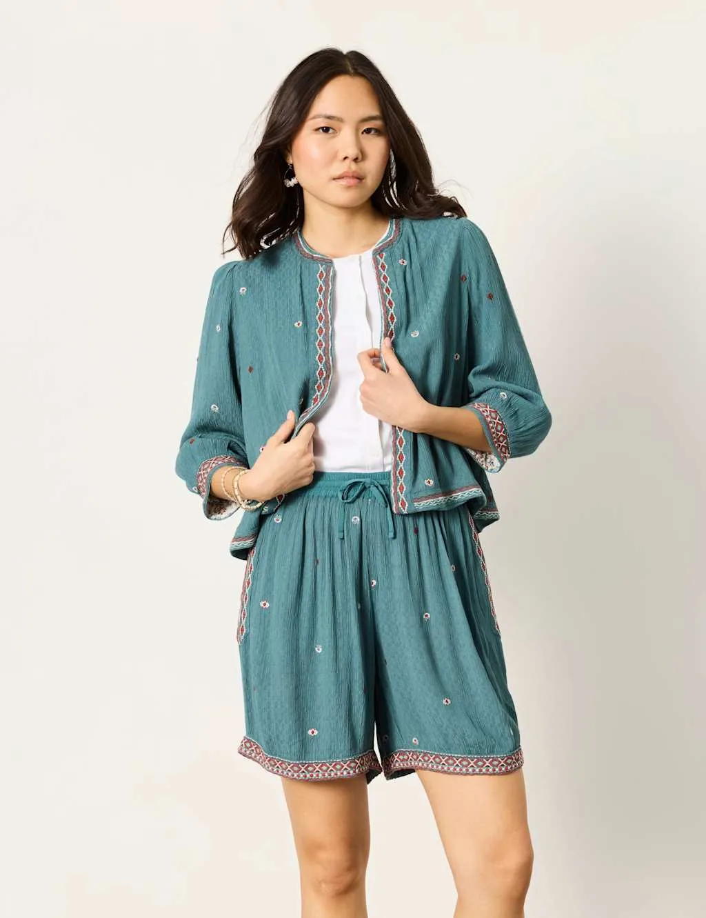 Floral Embroidered Cropped Jacket Teal Mix female - Fatface - FashionsVida