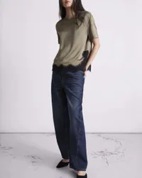 Jeans barrel in denim blu di cotone con cuciture sagomate e dettagli dorati