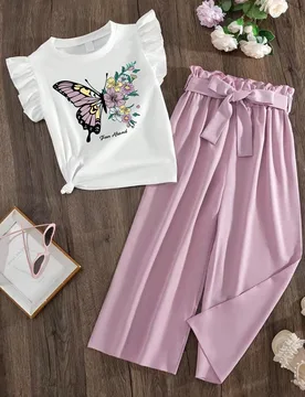Conjunto de camiseta con estampado de mariposa y volantes y pantalones de unicolor para niña preadolescente - Shein - FashionsVida