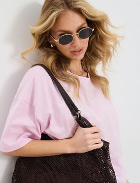 T-shirt in cotone con scritta di perline - rosa pastello