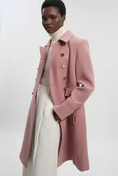 Wool Button Front Double Breasted Tailored Princess Coat - Dusty Rose - Size: 16