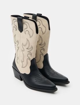 Stivali cowboy in similpelle con ricamo e gambale a contrasto - multicolor