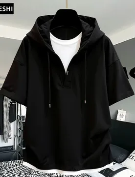Summer New Men's Fake Two-Piece Hooded T-Shirt Casual Splicing Color Block Loose Short Sleeve Tee Streetwear Fashion Tops - Aliexpress - FashionsVida