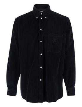 Shirt with Button-Down Collar and FF Embroidery on Front in Ribbed Cotton for Men