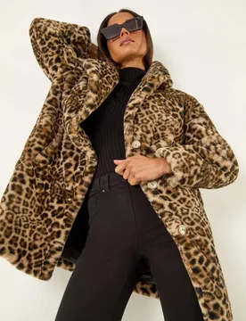 Women's Petite Leopard Fur Coat in Brown Size: 16 - Brown - Size: 16 - Roman - FashionsVida