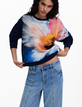Sudadera gran flor, Mujer, Algodon, Rojo, XS