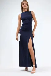 Womens Slit Detailed Ruched Sandy Maxi Dress - Navy - Size Small