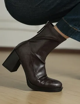 Women's new autumn and winter round toe and calf high-heeled zipper elastic boots, slim boots, simple retro short boots - Aliexpress - FashionsVida
