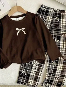 Conjunto de pijama de 2 piezas con estampado de lazo de color retro Maillard, estampado de cuadros retro, ajuste ceñido, cuello redondo, manga larga, - Shein - FashionsVida