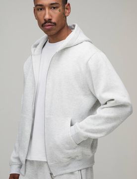 Herren Basic Regular Zip-Through Hoodie Sweatshirt Grey Marl Größe Large