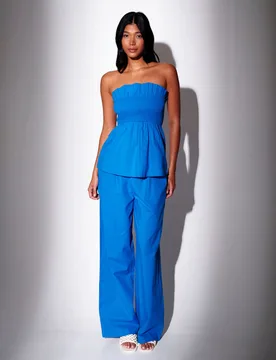 Pure Cotton Drawstring Wide Leg Trousers Blue female - South Beach - FashionsVida