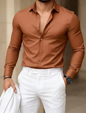 Camisa de manga larga de unicolor casual para hombres, formal, ceremonia - Shein - FashionsVida