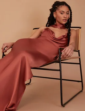 Pollenca Dress in Terracotta Satin - 8 - Rewritten - FashionsVida