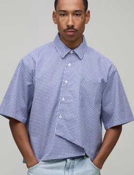 Men's Oversized Boxy Asymmetric Gingham Shirt Blue Size Small Blue S - boohooMAN - FashionsVida