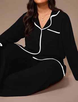 Conjunto de ropa de estar por casa/pijama de talla grande con top de punto suave con malla floral y ribete de contraste, y pantalones, para otoño e i - Shein - FashionsVida