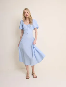 Pure Cotton Puff Sleeve Midi Tea Dress Blue female - Nobody's Child - FashionsVida