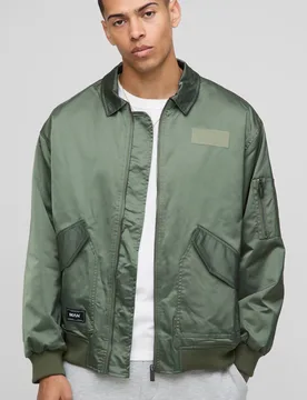 Men's Oversized Nylon Collared Flight Jacket Khaki Size Medium Khaki M - boohooMAN - FashionsVida