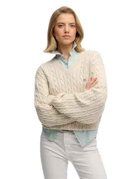 Pull à Col En V Oversized Cable Oatmeal Beige XS - Superdry - FashionsVida