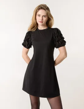 Textured Sleeve Mini Dress - S / BLACK - female - Blue Vanilla - FashionsVida