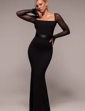 Women's Dobby Mesh Feather Sleeve Evening Maxi Dress in Black Size: 10 - Black - Size: 10 - Goddiva - FashionsVida