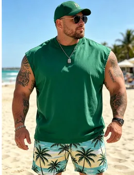 Camiseta de hombre talla grande, camiseta sin mangas de cuello redondo casual de verano para hombre talla grande, versátil, corte slim, fresca y ené - Shein - FashionsVida