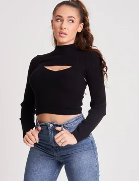 Women's Fine Gauge 2in1 Jumper in Black Size: 16 - Black - Size: 16 - Urban Bliss - FashionsVida