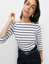 Pure Cotton Striped Slash Neck Slim Fit Top White Mix female