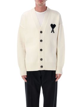 Men's V-Neck Wool Cardigan with Heart Intarsia and Ribbed Trim