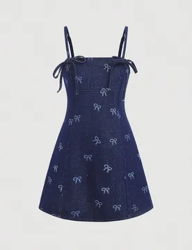 Vestido corto de halter de mezclilla azul con lazo blanco, estilo casual y cómodo de moda vintage Y2K para niñas preadolescentes, ropa básica y sen - Shein - FashionsVida