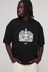 Herren Übergroßes Kastenförmiges Brunnen-Print Oberteil Black Größe Medium