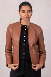 Annaside' Leather Jacket - Tan - Size: 14