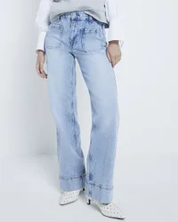 Womens Wide Leg Jeans Blue High Waisted Flared Cotton - Size Uk 6 Long